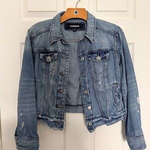 Express Women's Light Blue Distressed Denim Jacket
